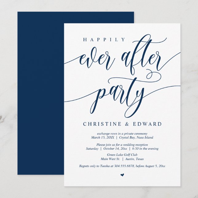 Elopement, Happily Ever After Party, Navy Blue Inv Invitation (Front/Back)