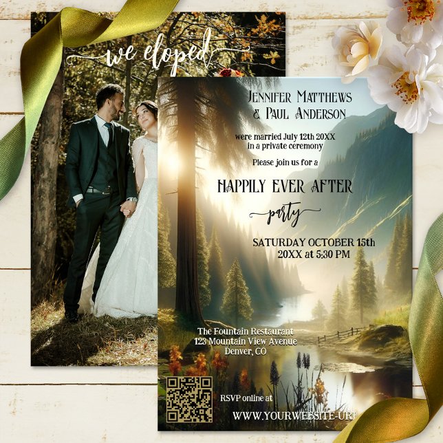 Elopement Happily Ever After Wedding Photo  Invitation (Happily ever after wedding invitation featuring your photo and an enchanted forest in the mountains)