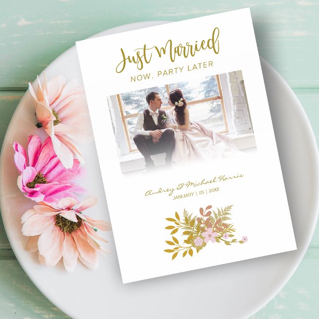 Elopement Photo Wedding Elegant Floral Fake Golden Invitation (Creator Uploaded)