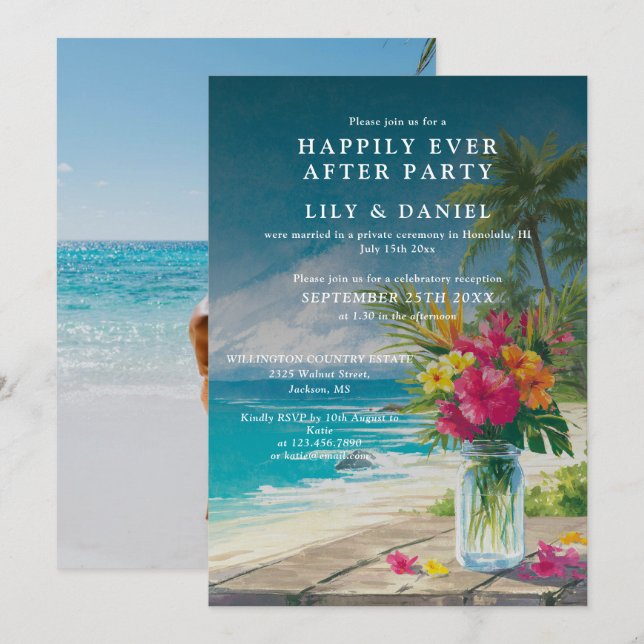 Elopement Tropical Beach Photo Wedding Reception Invitation (Front/Back)