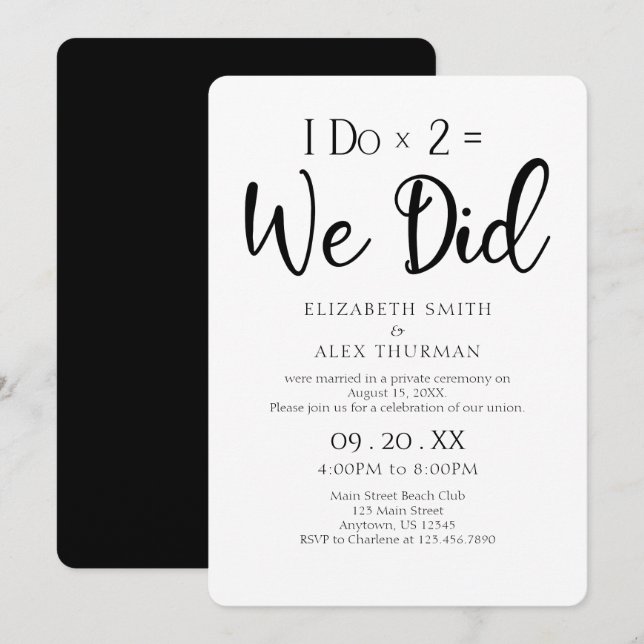 Elopement Wedding I Do Times 2 = We Did Invitation (Front/Back)