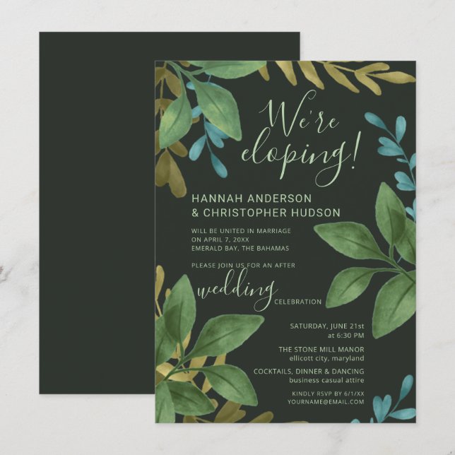 Elopement Wedding Watercolor Leaves Reception Only Invitation (Front/Back)