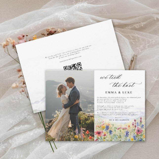 Elopement Wildflowers Mountain Photo QR Wedding Announcement (elopement wedding announcement card qr code mountain wildflowers meadow watercolor photo qr modern)