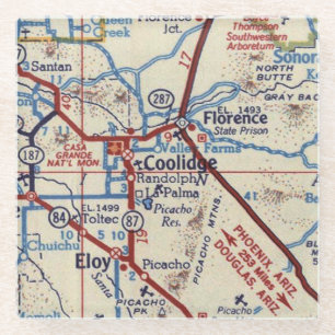 Eloy Arizona and Coolidge Vintage Map Glass Coaster