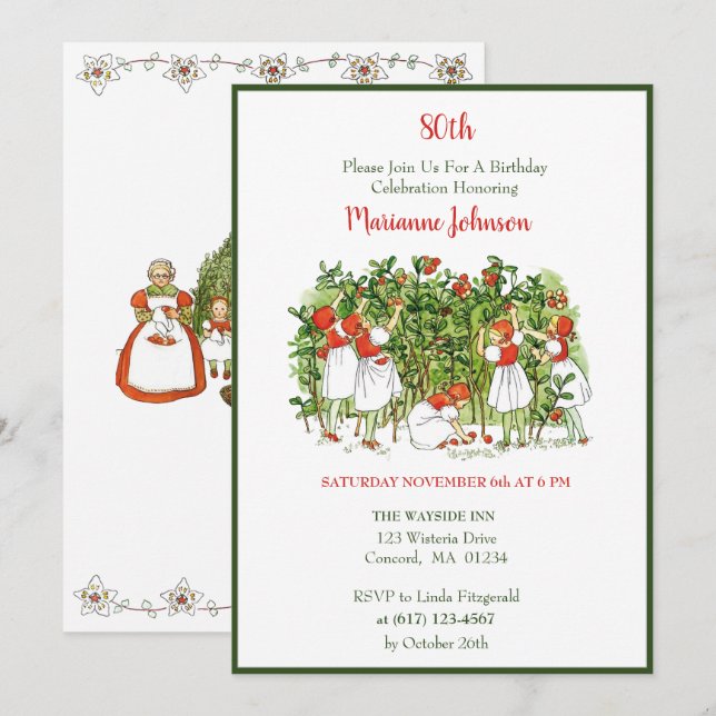 Elsa Beskow Strawberry Girls Birthday Invitation (Front/Back)
