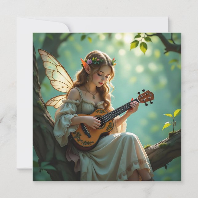  Elven Fairy Playing Ukulele in Enchanted Forest Card (Front)