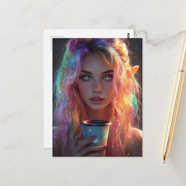 Elven Woman With a Coffee Postcard (Front/Back In Situ)