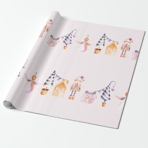 ELVES AND CHRISTMAS TREE PATTERN IN WATERCOLOR WRAPPING PAPER