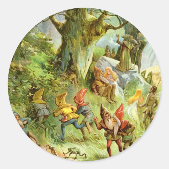 Elves and Gnomes in the Deep Dark Magical Forest Classic Round Sticker (Front)