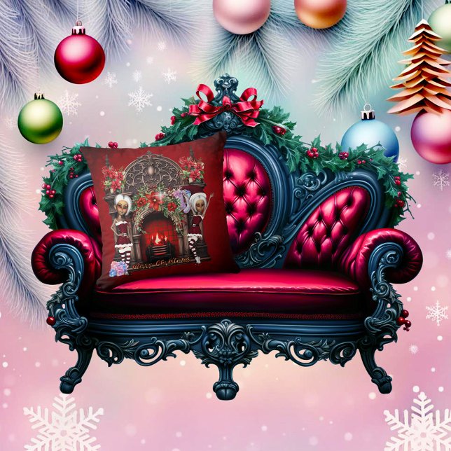 Elves are looking forward to Christmas. Cushion (Cute elves)