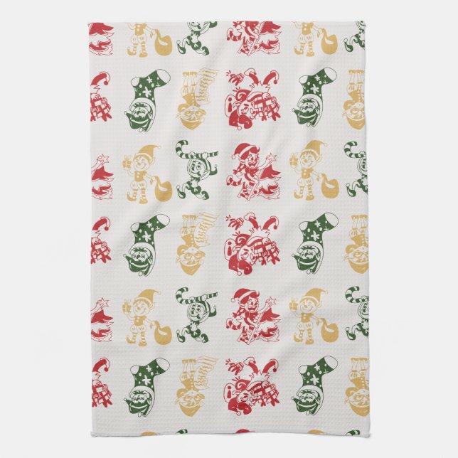 Elves Candy Cane Stockings Christmas Tree Pattern Tea Towel (Vertical)