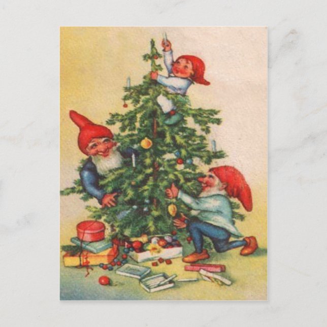 Elves Decorating Christmas Tree Holiday Postcard (Front)