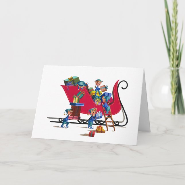 ELVES FILLING SANTA'S SLEIGH by SHARON SHARPE Holiday Card (Front)