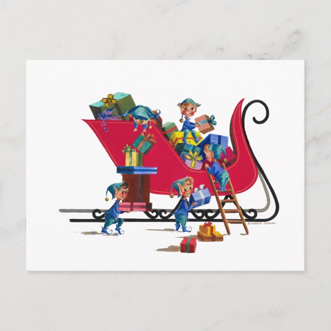 ELVES FILLING SANTA'S SLEIGH by SHARON SHARPE Holiday Postcard (Front)
