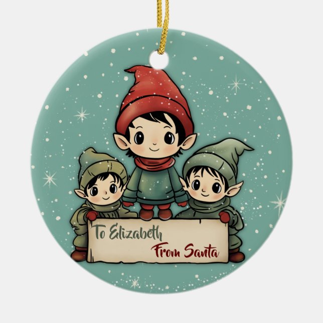 Elves From Santa Personalised Kids Christmas  Ceramic Tree Decoration (Front)