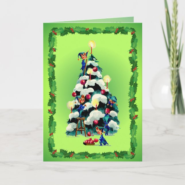 ELVES, HOLLY & CHRISTMAS TREE by SHARON SHARPE Holiday Card (Front)