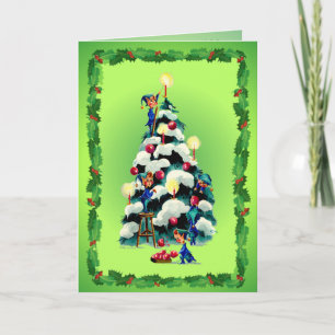 ELVES, HOLLY & CHRISTMAS TREE by SHARON SHARPE Holiday Card