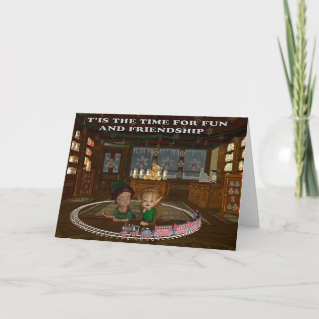 Elves playing with a train card (Front)