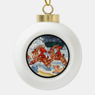 Elves Racing Yule Goats Ceramic Ball Christmas Ornament