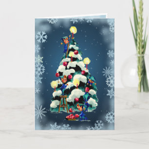 ELVES TRIMMING the TREE & STARS by SHARON SHARPE Holiday Card