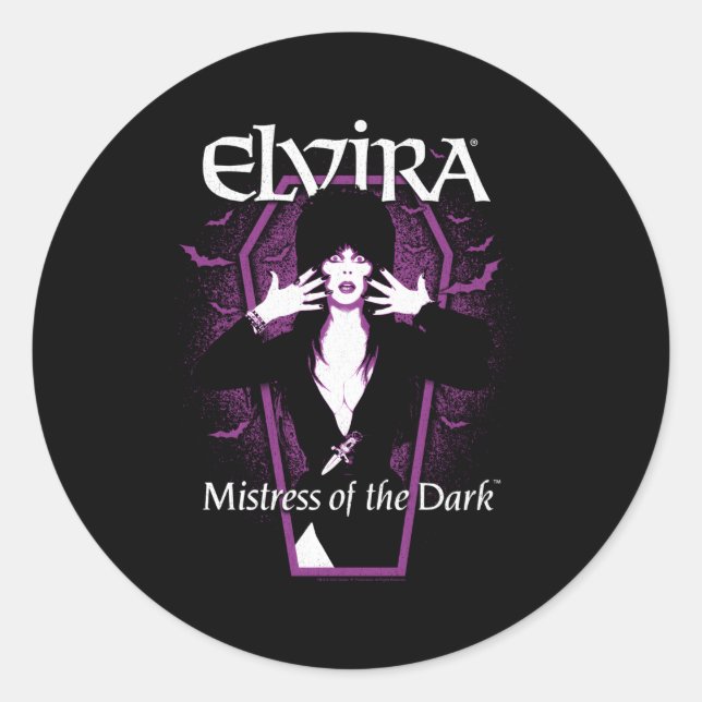 Elvira Mistress Of The Dark Purple Bats And Coffin Classic Round Sticker (Front)