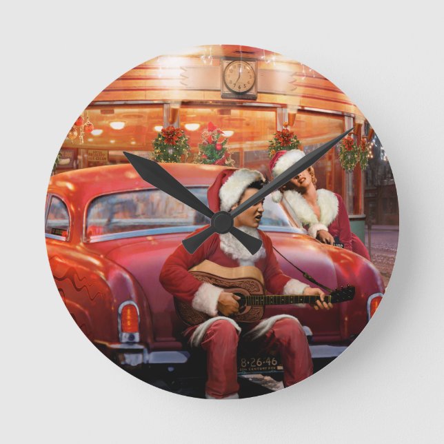 Elvis and Marilyn Christmas Round Clock (Front)