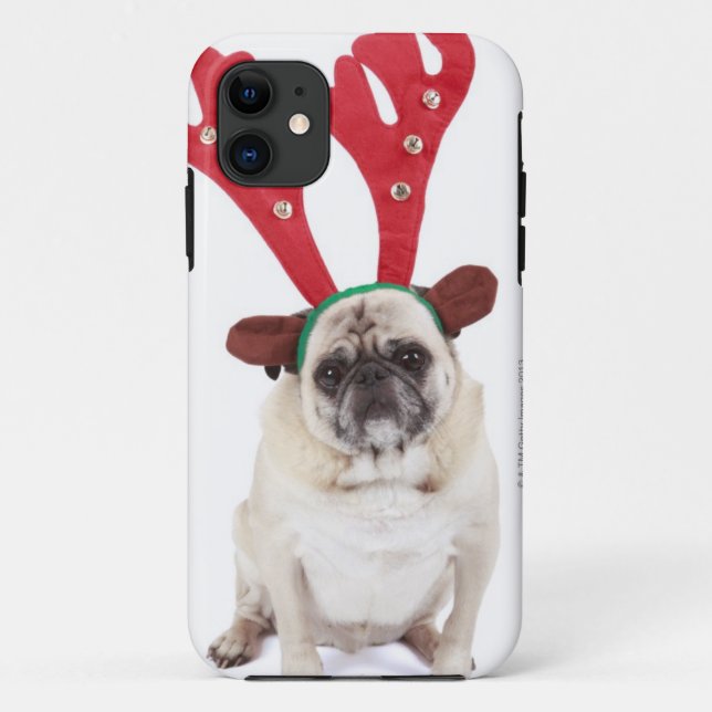 Embarrassed looking Pug wearing Reindeer Antlers Case-Mate iPhone Case (Back)