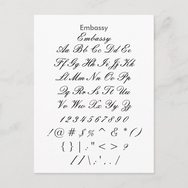 Embassy - Zazzle Font Sampler Sheet Postcard (Front)