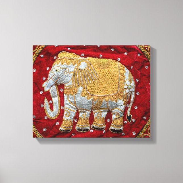 Embellished Indian Elephant Red and Gold Canvas Print (Front)