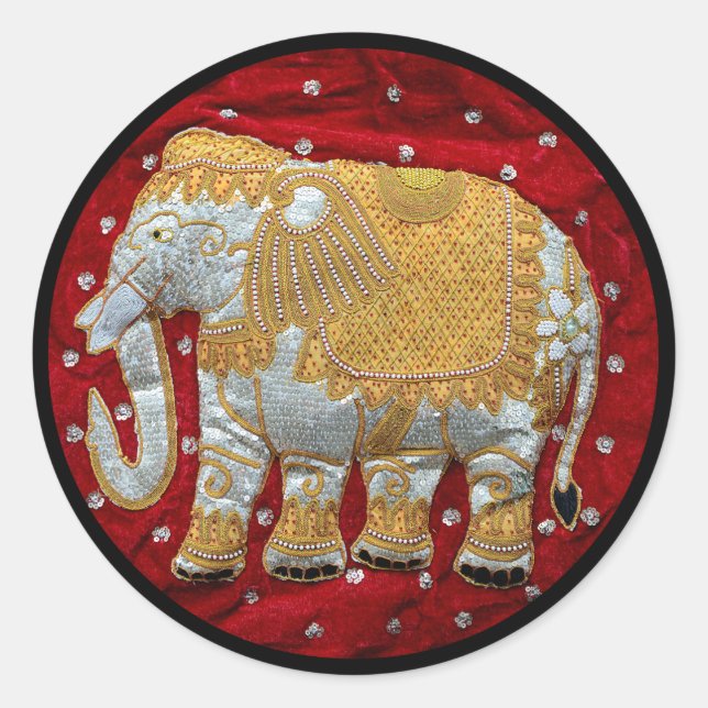 Embellished Indian Elephant Red and Gold Classic Round Sticker (Front)