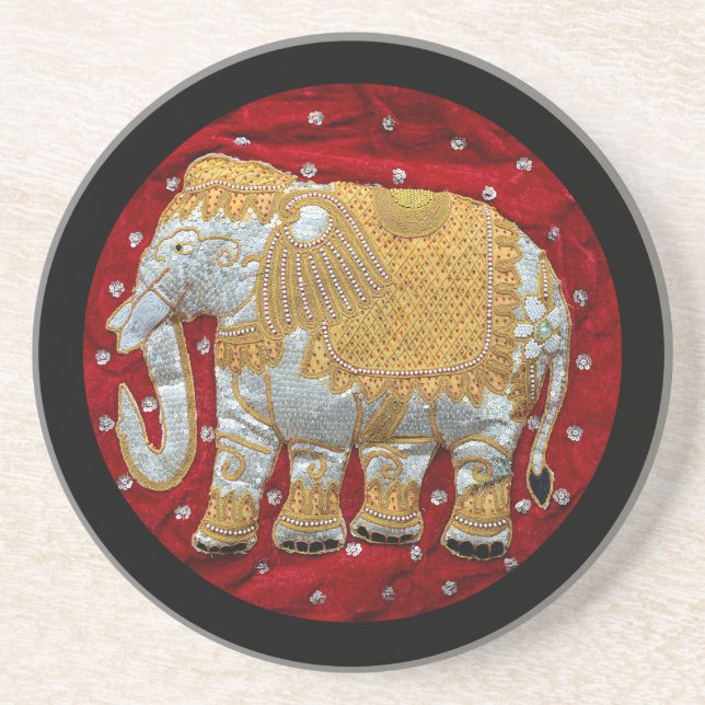 Embellished Indian Elephant Red and Gold Coaster (Front)