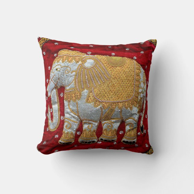 Embellished Indian Elephant Red and Gold Cushion (Front)