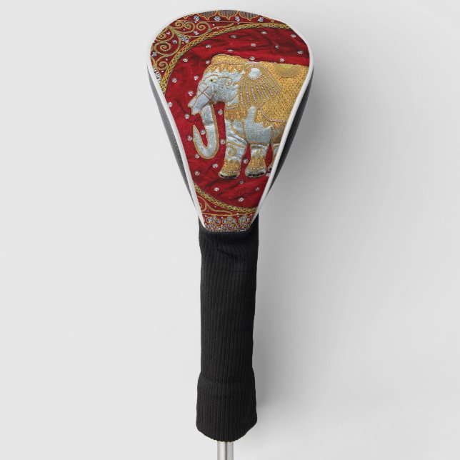 Embellished Indian Elephant Red and Gold Golf Head Cover (Front)