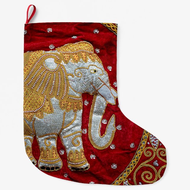 Embellished Indian Elephant Red and Gold Large Christmas Stocking (Front)