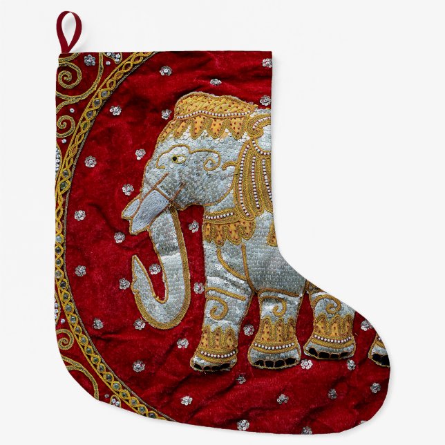 Embellished Indian Elephant Red and Gold Large Christmas Stocking (Front)