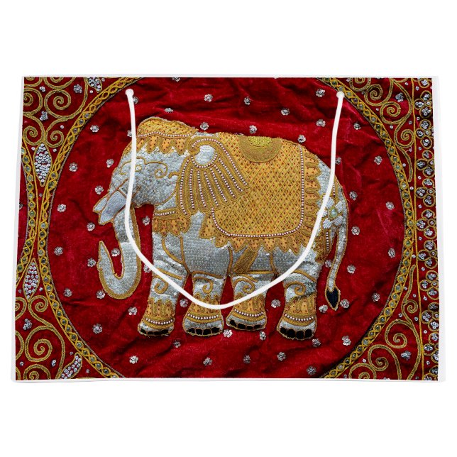 Embellished Indian Elephant Red and Gold Large Gift Bag (Front)