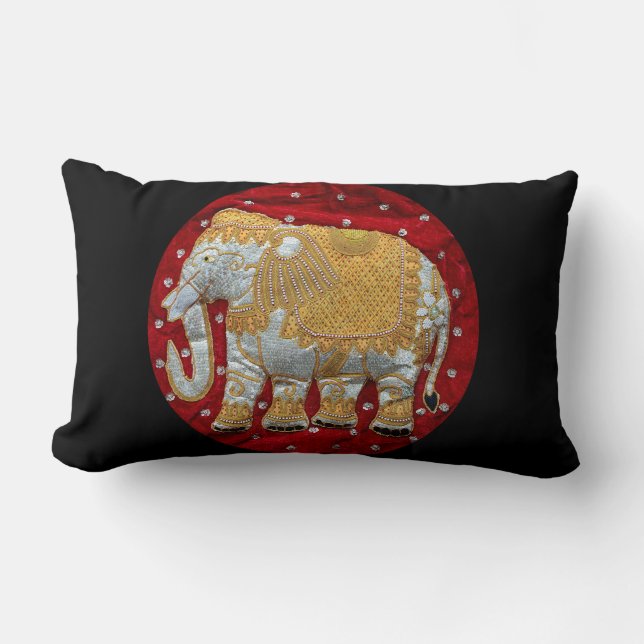 Embellished Indian Elephant Red and Gold Lumbar Cushion (Front)