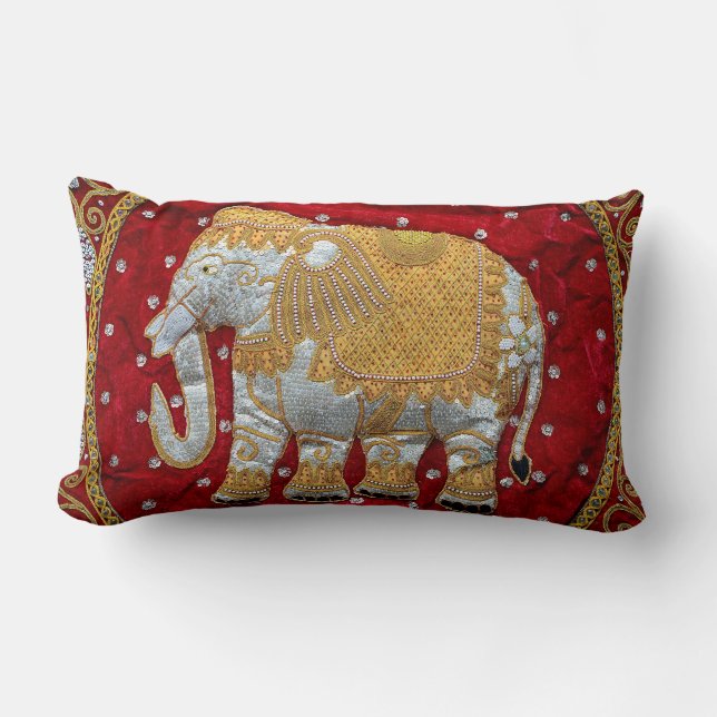 Embellished Indian Elephant Red and Gold Lumbar Cushion (Front)