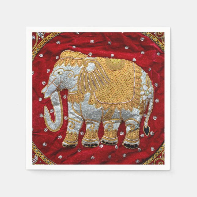 Embellished Indian Elephant Red and Gold Napkin (Front)