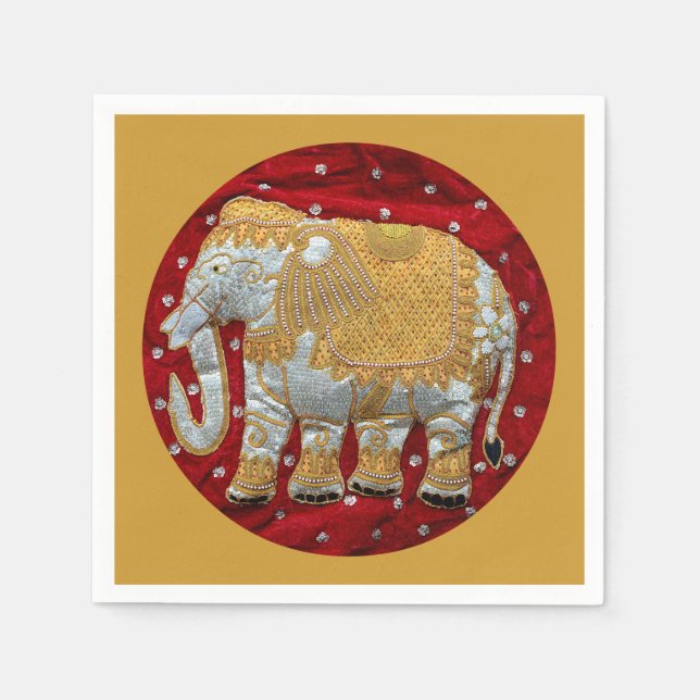Embellished Indian Elephant Red and Gold Napkin (Front)