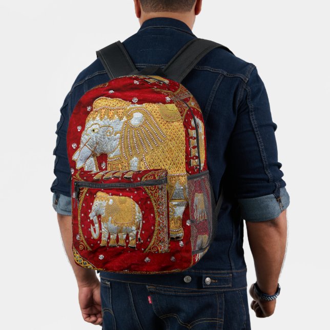Embellished Indian Elephant Red and Gold Printed Backpack (Insitu (Model))