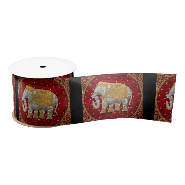 Embellished Indian Elephant Red and Gold Satin Ribbon (Spool)