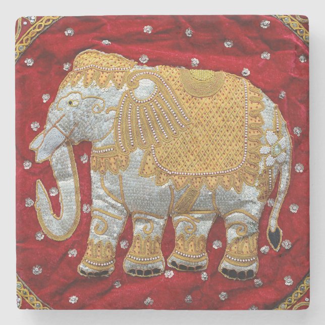 Embellished Indian Elephant Red and Gold Stone Coaster (Front)