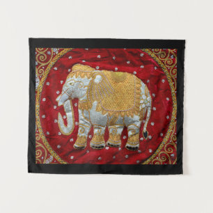 Embellished Indian Elephant Red and Gold Tapestry