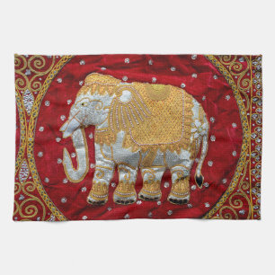Embellished Indian Elephant Red and Gold Tea Towel