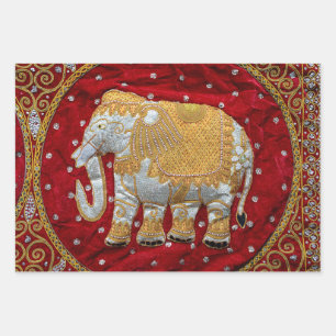 Embellished Indian Elephant Red and Gold Wrapping Paper Sheet