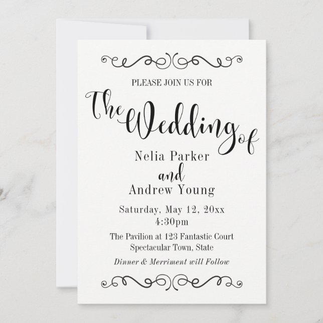 Embellished Modern Elegant Black Text Wedding Invitation (Front)