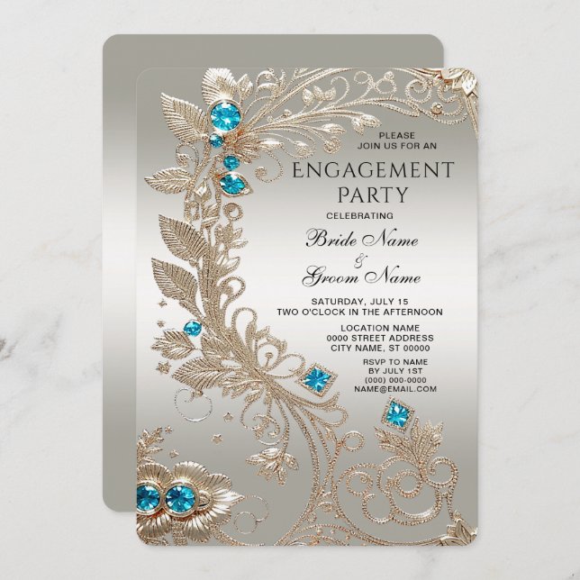 Embellishing Gold Blue Stone Engagement Invitation (Front/Back)