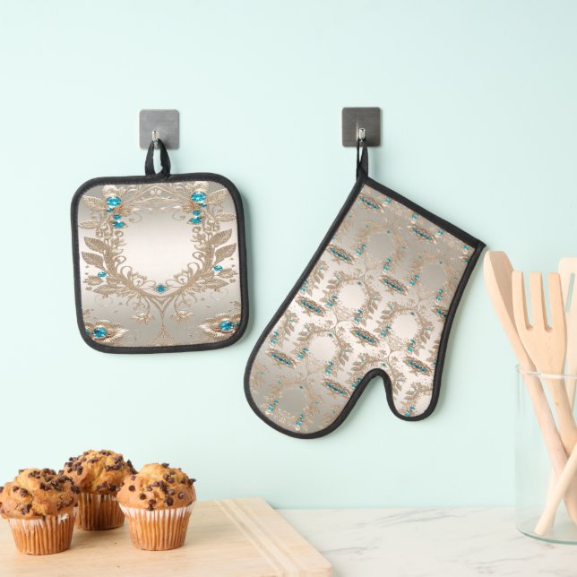 Embellishing Gold Blue Stone Mitt & Pot Holder Set (Insitu(Hanging))