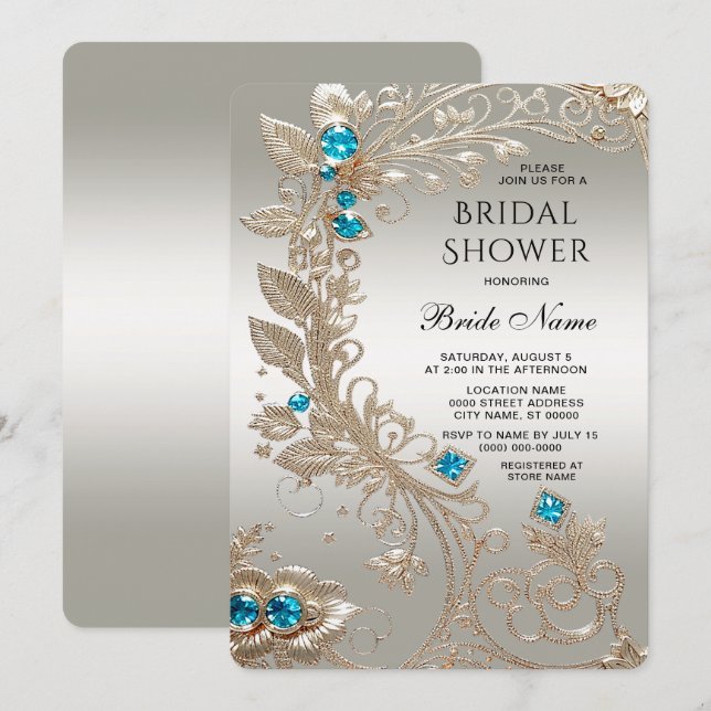Embellishing Gold Blue Stones Bridal Shower Invitation (Front/Back)